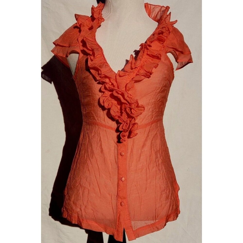 Marineblu Flutter Top Womens S Coral Ruffled Gauze Cap Sleeve Sheer Blouse